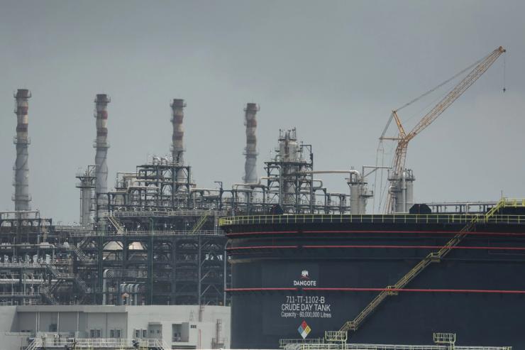 A Dangote crude oil tank is seen inside the Dangote Industries oil refinery.
