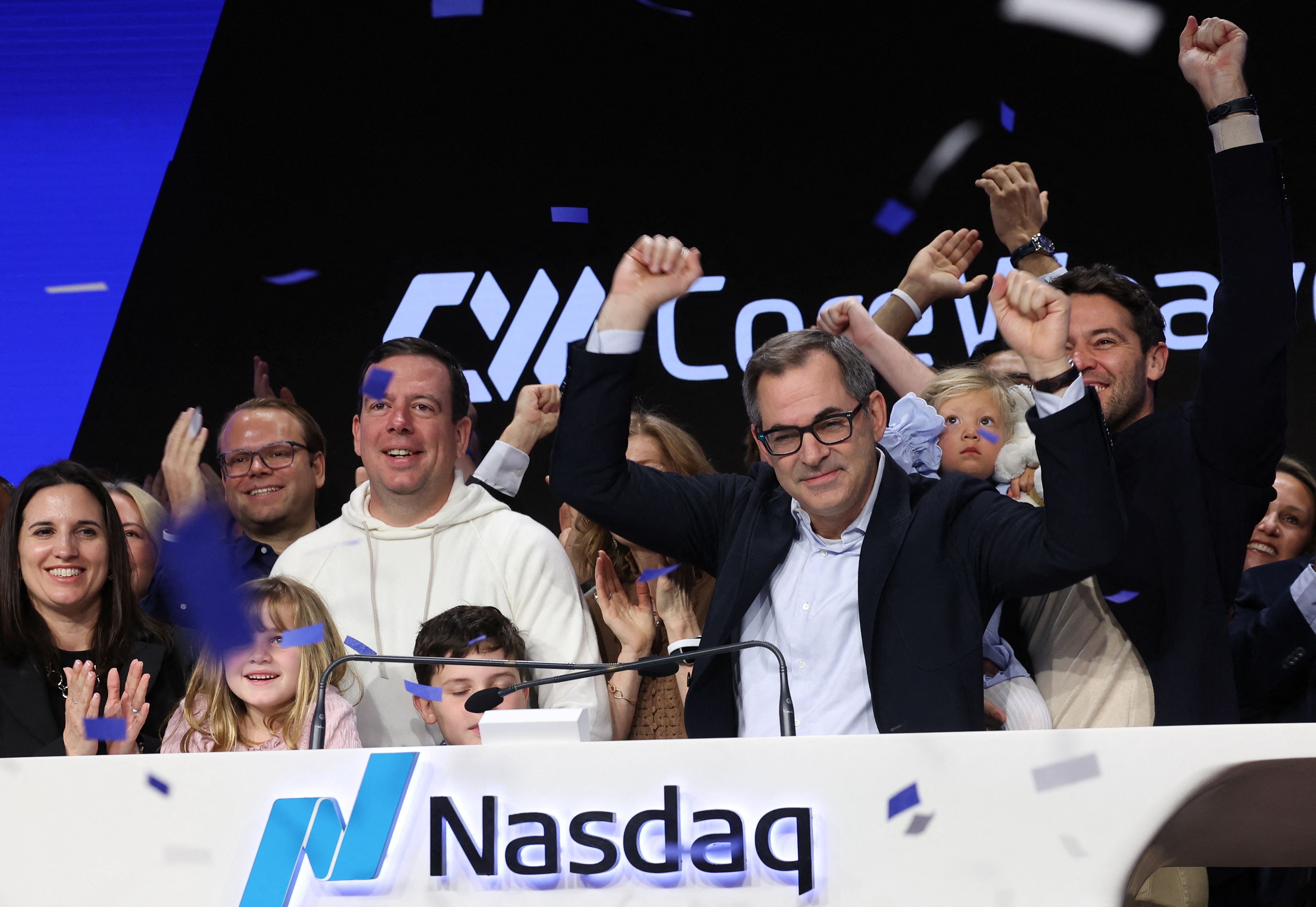 Michael Intrator, Founder & CEO of CoreWeave, Inc., Nvidia-backed cloud services provider, gestures during the company’s IPO at the Nasdaq Market, in New York City.