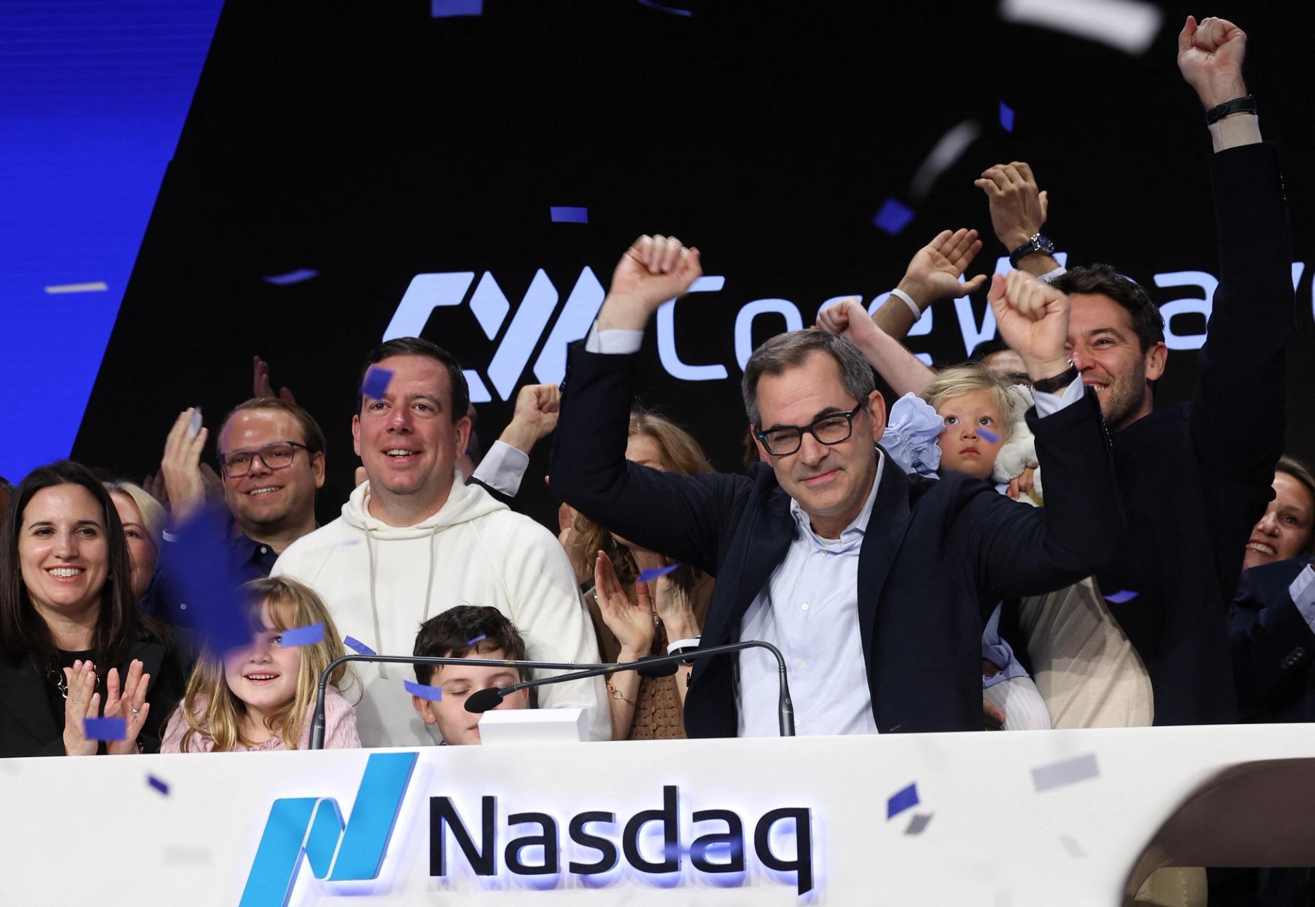 Michael Intrator, Founder & CEO of CoreWeave, Inc., Nvidia-backed cloud services provider, gestures during the company’s IPO at the Nasdaq Market, in New York City.