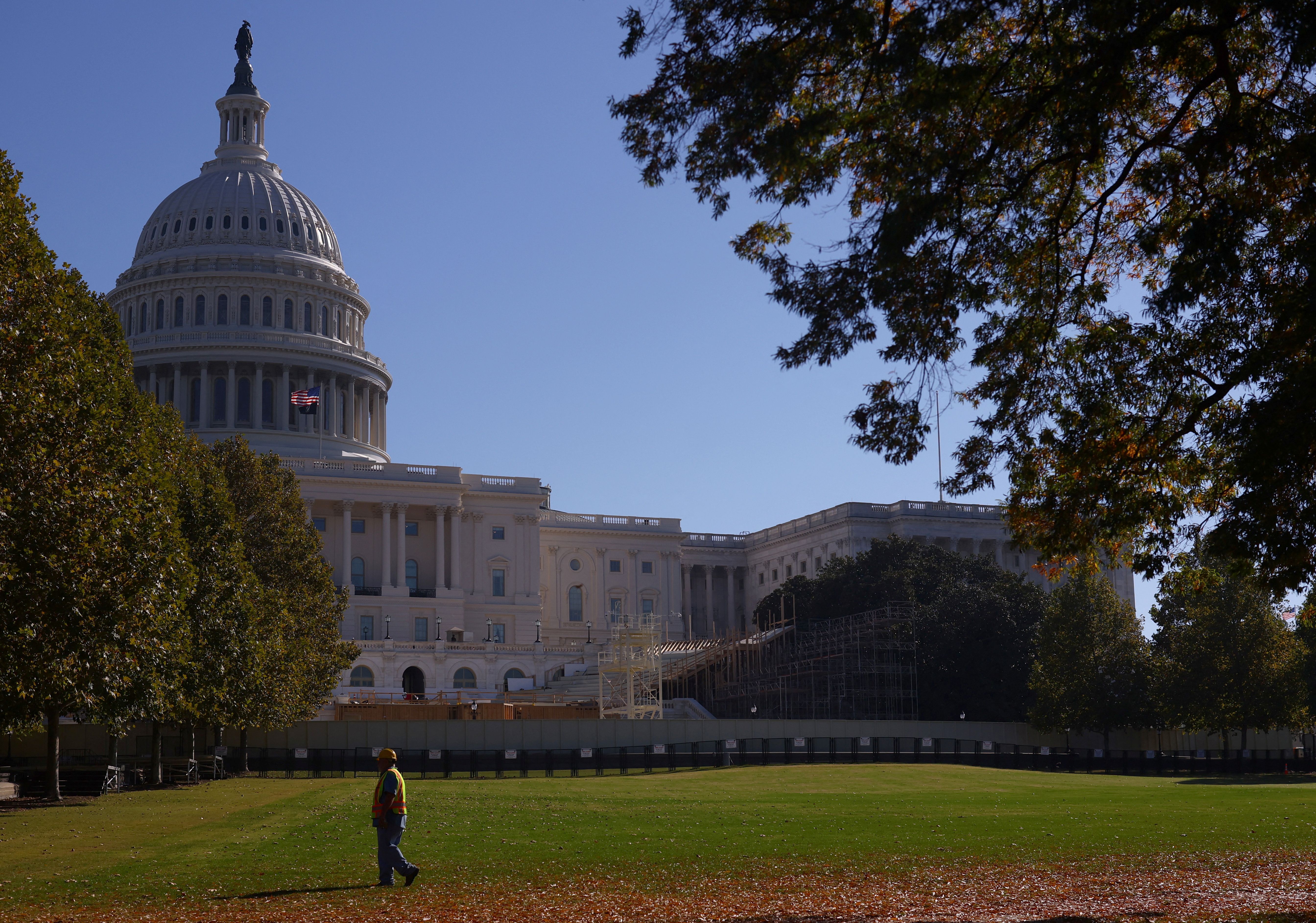 The inaugural platform is seen under construction in front of the US Capitol building in Washington
