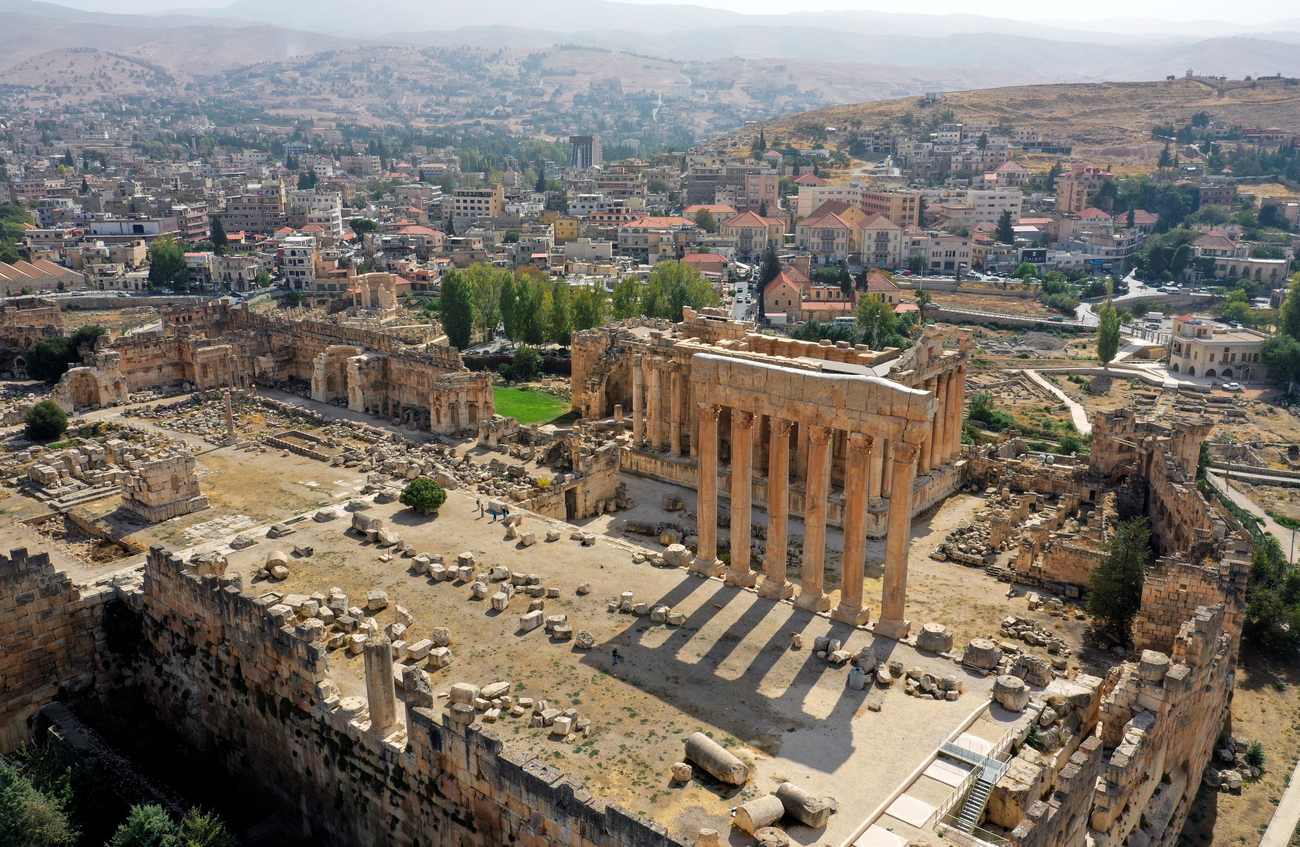 A drone picture shows the Temple of Jupiter and the Temple of Bacchus at the ancient Roman ruins of Baalbek