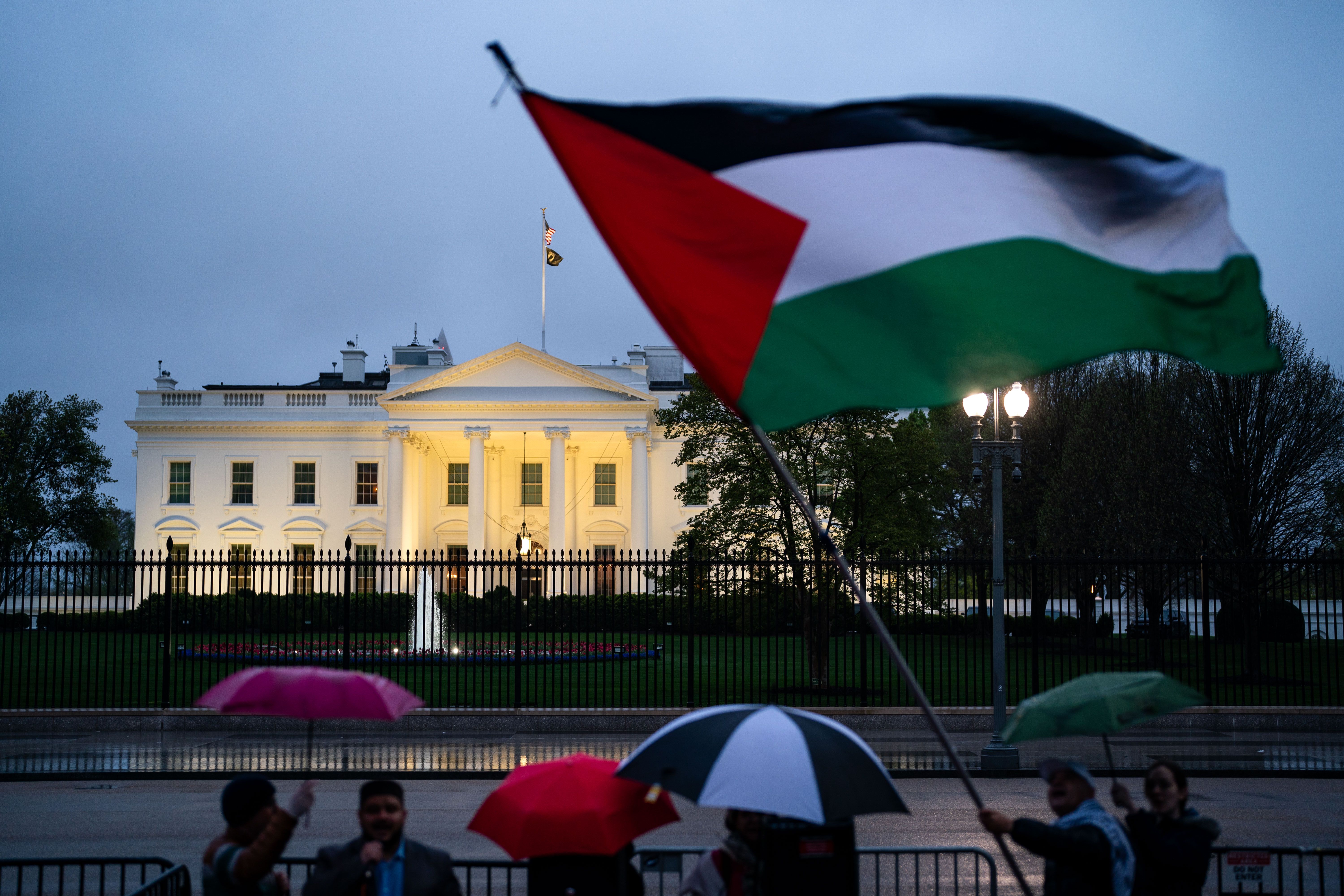 Pro-Palestinian demonstrators call for a ceasefire in Gaza during a protest as part of the “People’s White House Ceasefire Now Iftar” outside the White House on April 2, 2024.