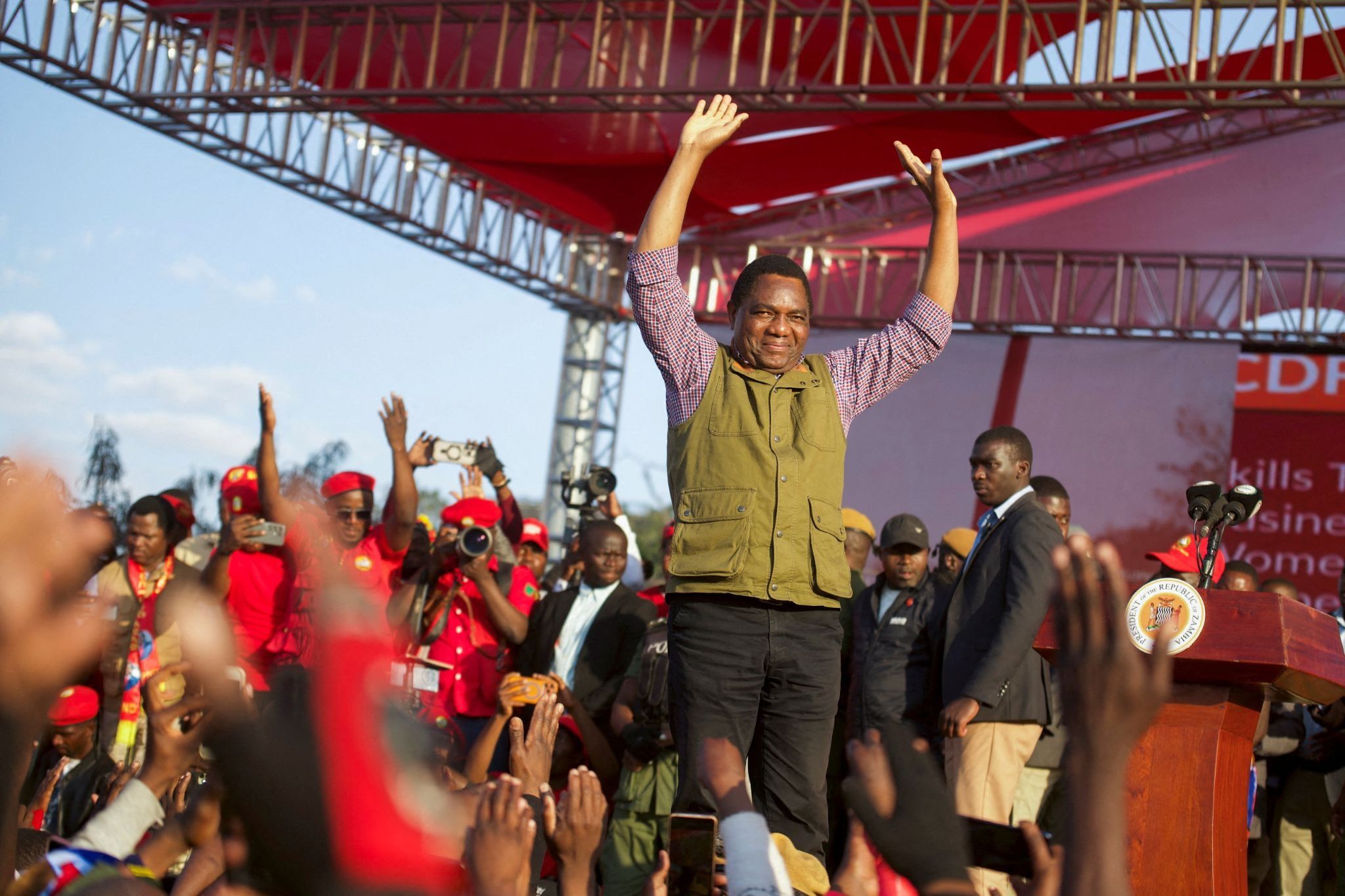 Zambia’s President Hakainde Hichilema greets supporters