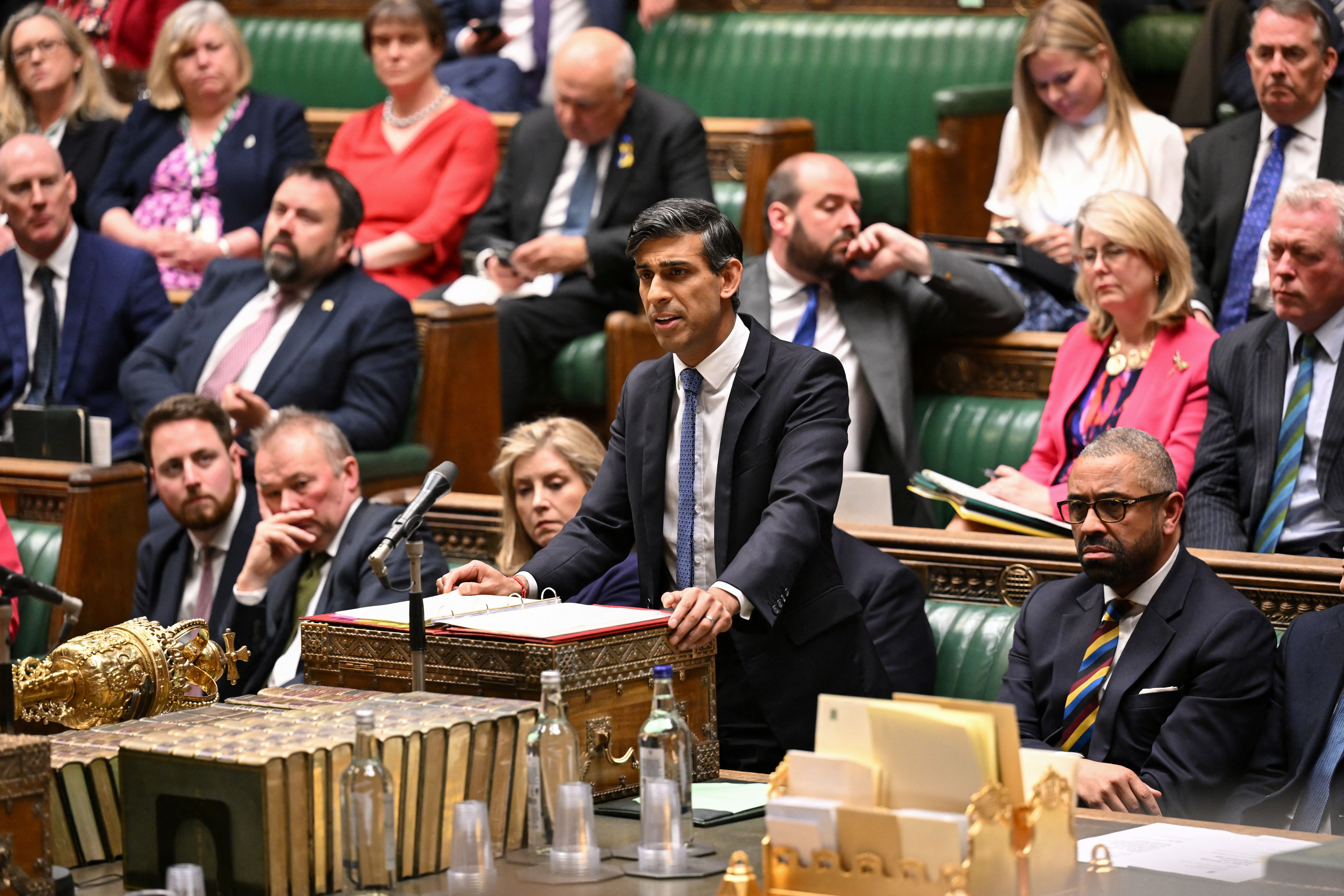 British Prime Minister Rishi Sunak speaks at the House of Commons in London, Britain, April 15, 2024. UK Parliament/Jessica Taylor/Handout via REUTERS 
