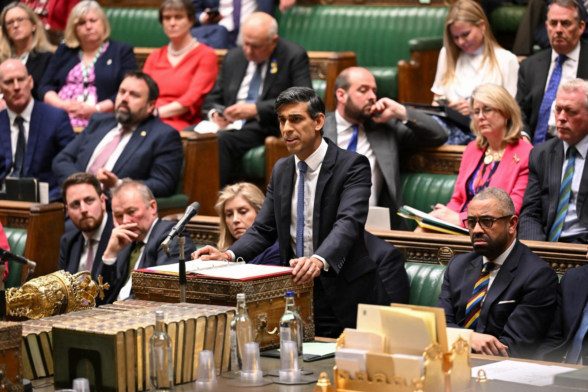 British Prime Minister Rishi Sunak speaks at the House of Commons in London, Britain, April 15, 2024. UK Parliament/Jessica Taylor/Handout via REUTERS 