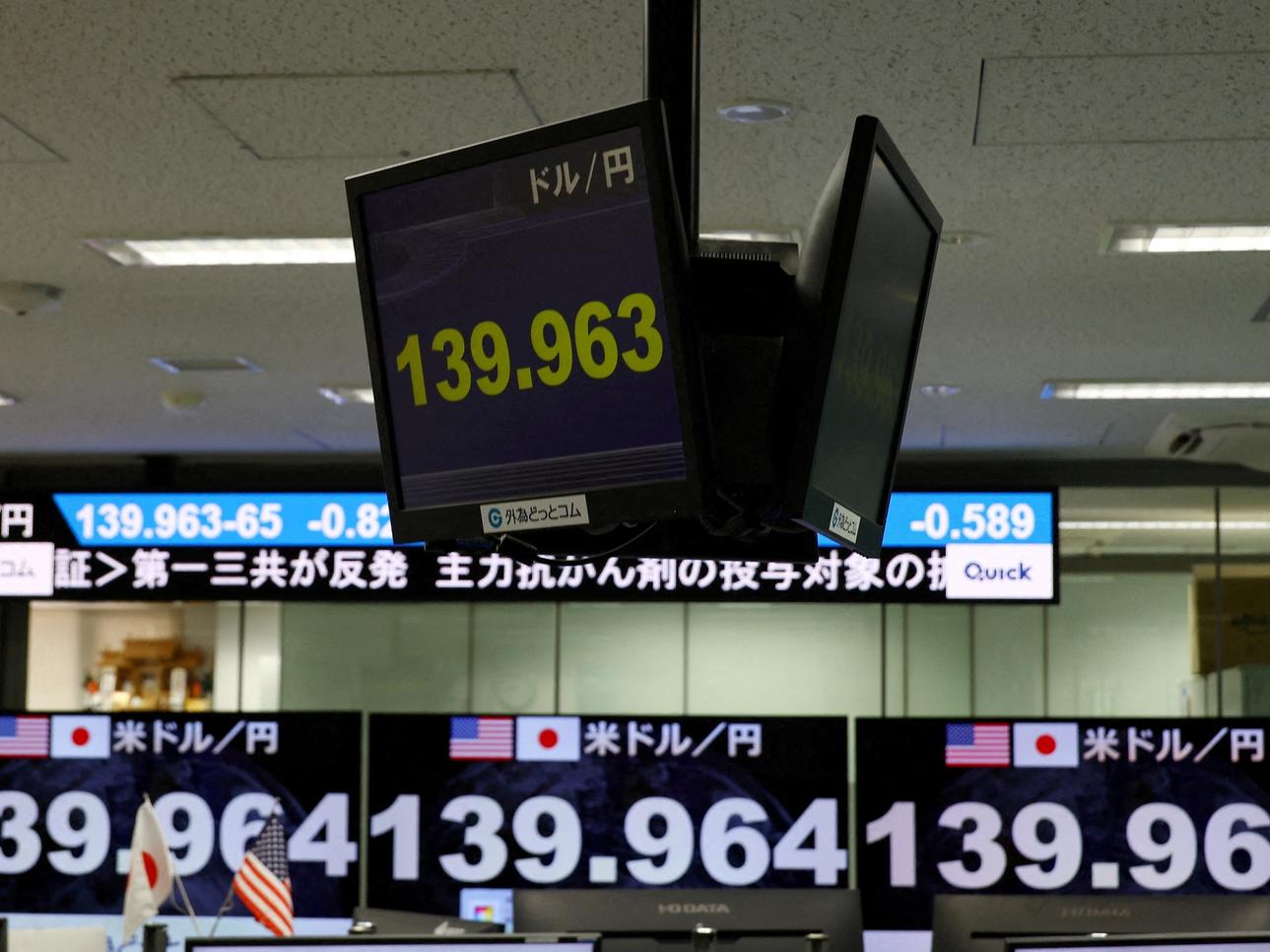 Monitors displaying the current Japanese Yen exchange rate against the US dollar.