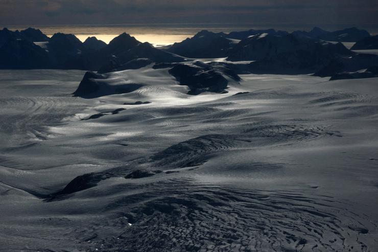 An aerial view shows western Greenland