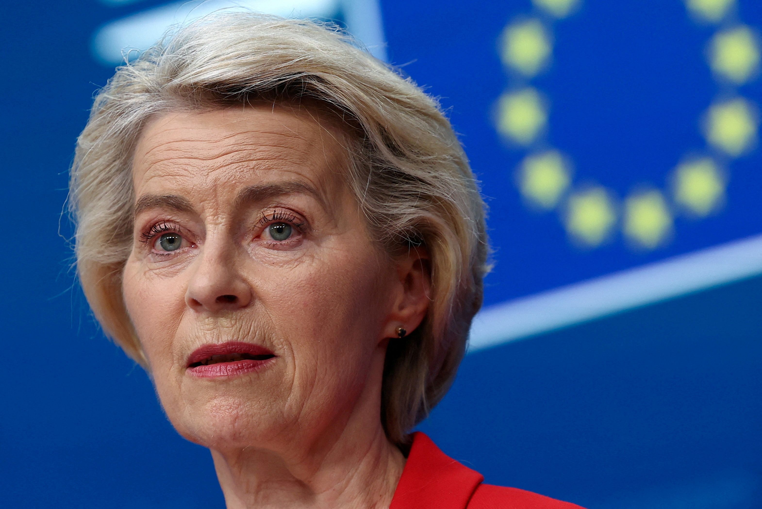 European Commission President Ursula von der Leyen attends a press conference with Polish Prime Minister Donald Tusk and European Council President Antonio Costa, on the day of the European Union leaders summit in Brussels, Belgium June 26, 2025. 