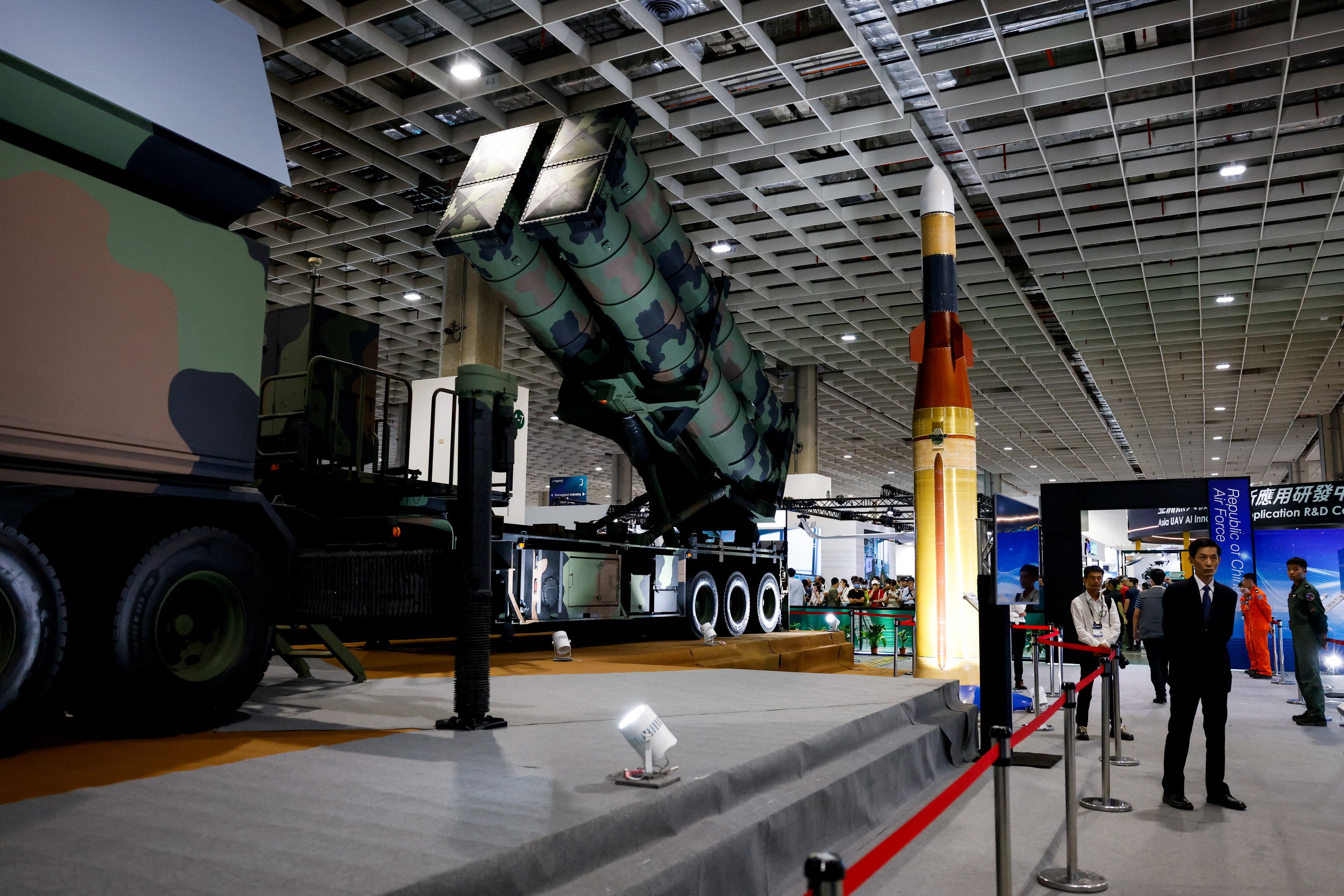 A Chiang-Kong missile and the launcher on display during the Taipei Aerospace and Defence Technology Exhibition in Taipei.