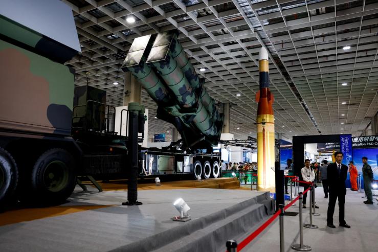 A Chiang-Kong missile and the launcher on display during the Taipei Aerospace and Defence Technology Exhibition in Taipei.