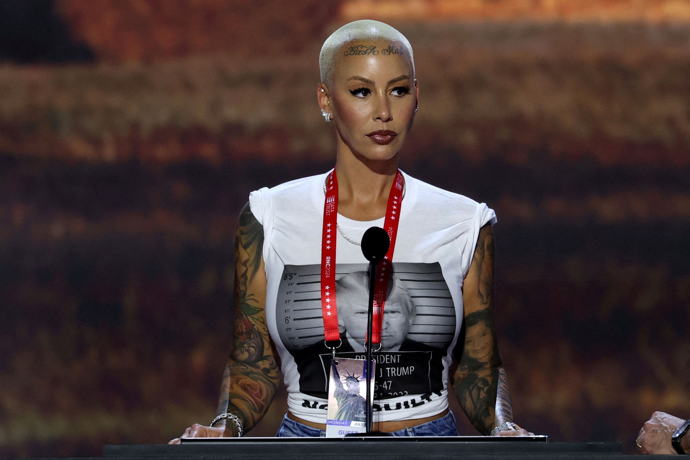 Entertainer Amber Rose stands at the podium ahead of the 2024 Republican National Convention in Milwaukee, Wisconsin, U.S., July 14, 2024. 
