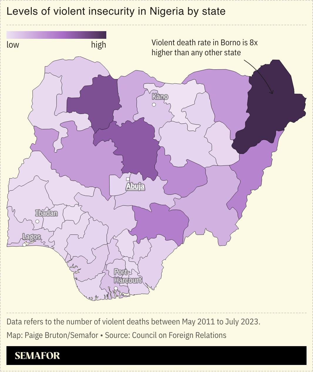 A map showing the levels of violent insecurity in Nigeria by state.