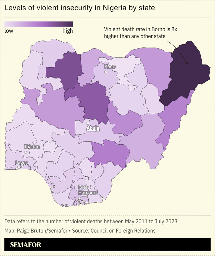 A map showing the levels of violent insecurity in Nigeria by state.