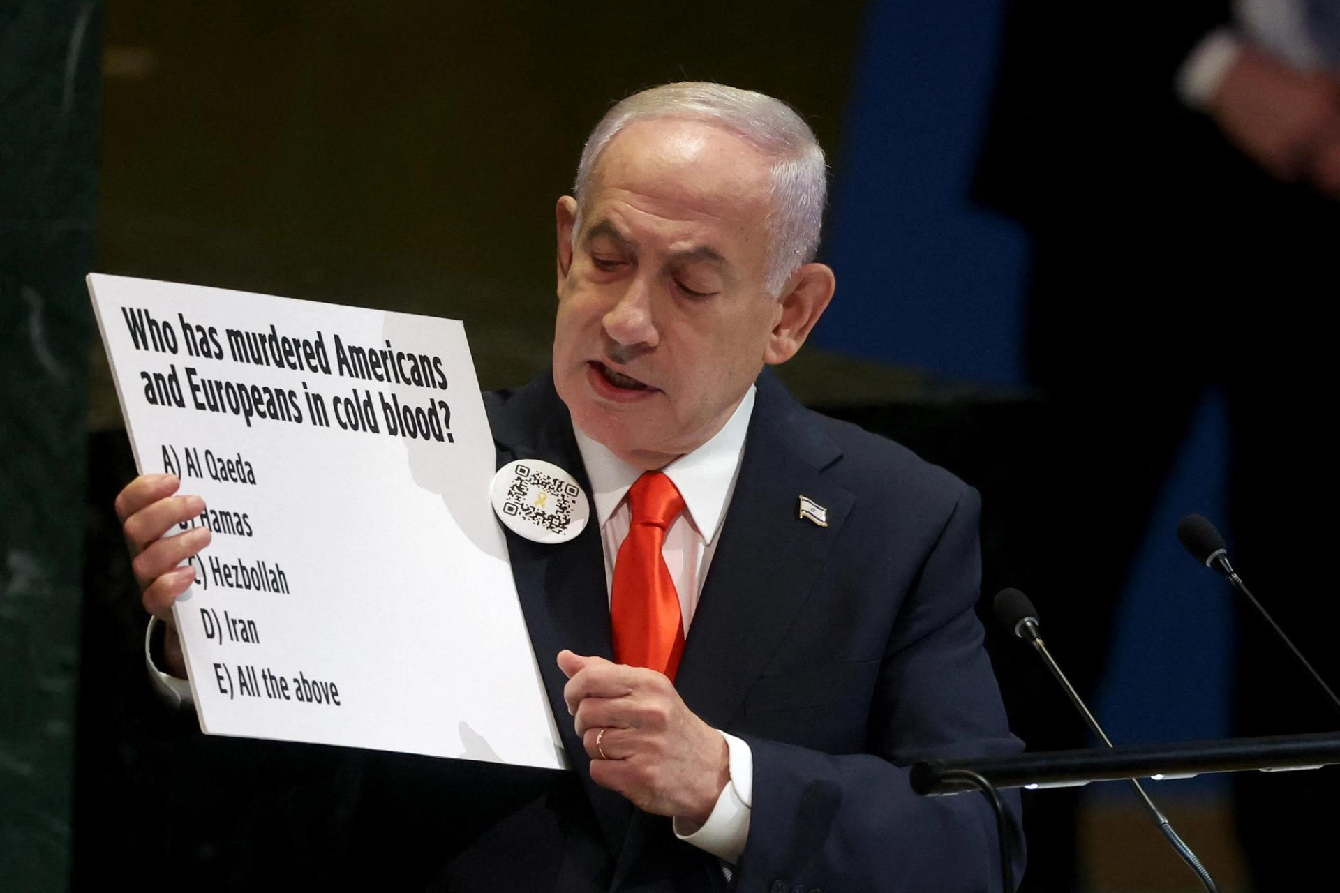 Israeli Prime Minister Benjamin Netanyahu addresses the 80th United Nations General Assembly.