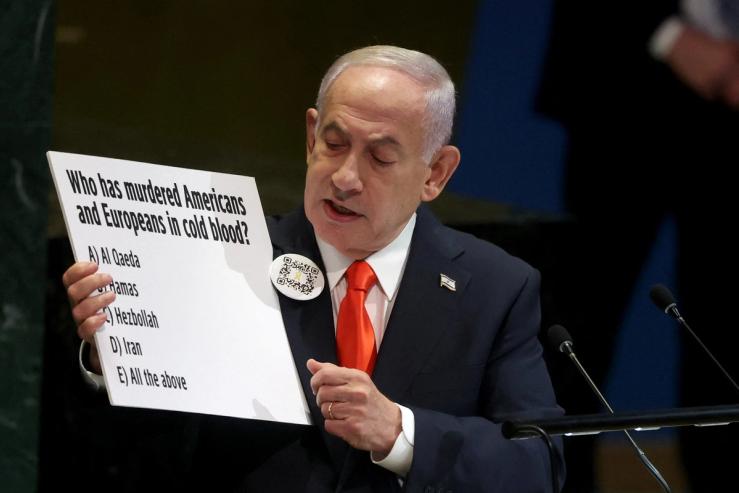 Israeli Prime Minister Benjamin Netanyahu addresses the 80th United Nations General Assembly.