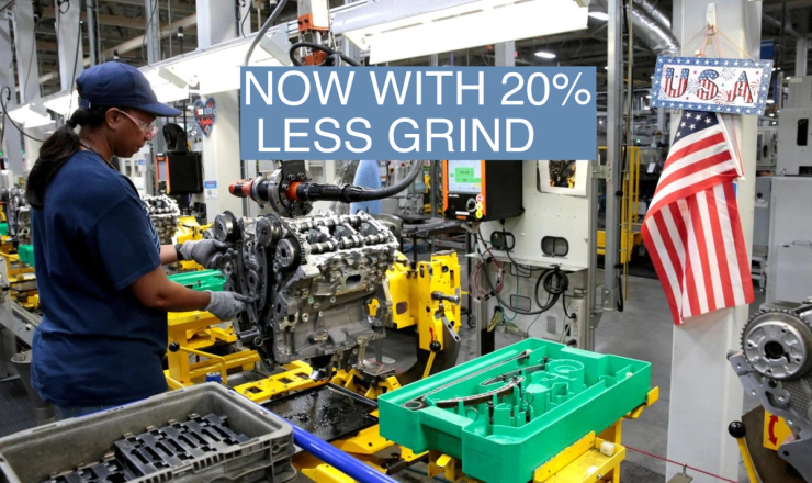A General Motors assembly worker works on assembling a V6 engine in Michigan