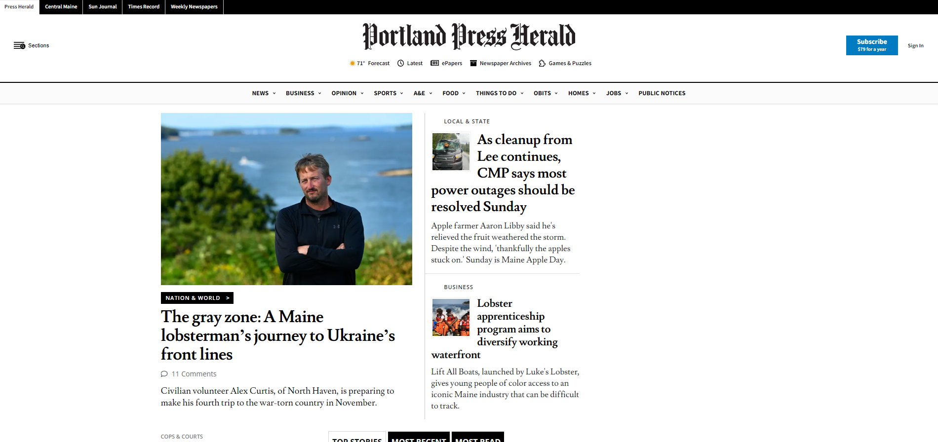 The Portland Press Herald’s homepage.
