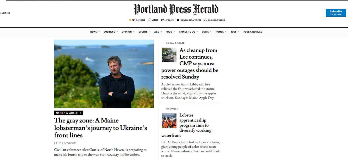 The Portland Press Herald's homepage.