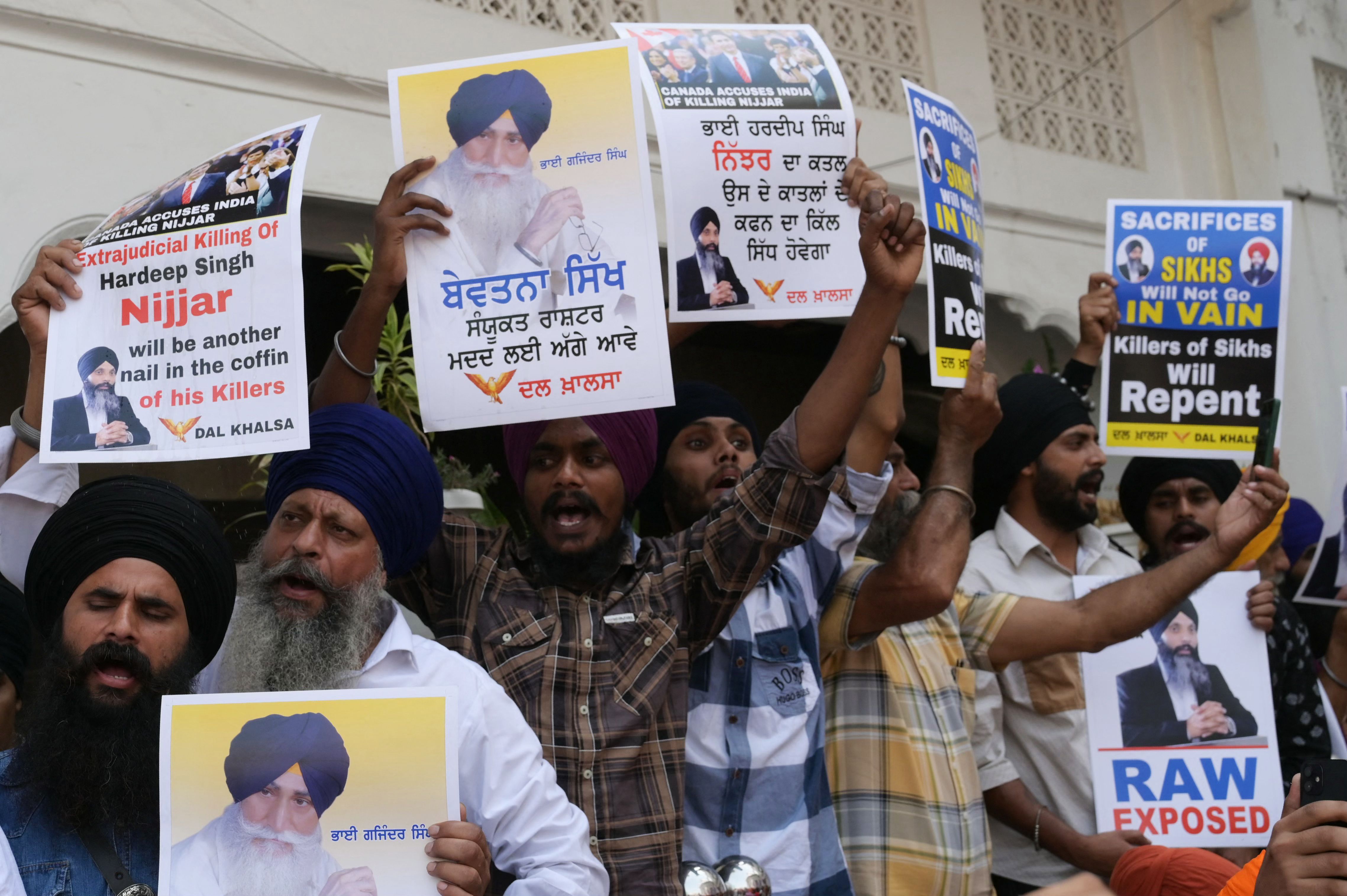 Activists of the Dal Khalsa Sikh organisation, a pro-Khalistan group, stage a demonstration demanding justice for Sikh separatist Hardeep Singh Nijjar, who was killed in June 2023 near Vancouver, in Amritsar, India, in September 2023.