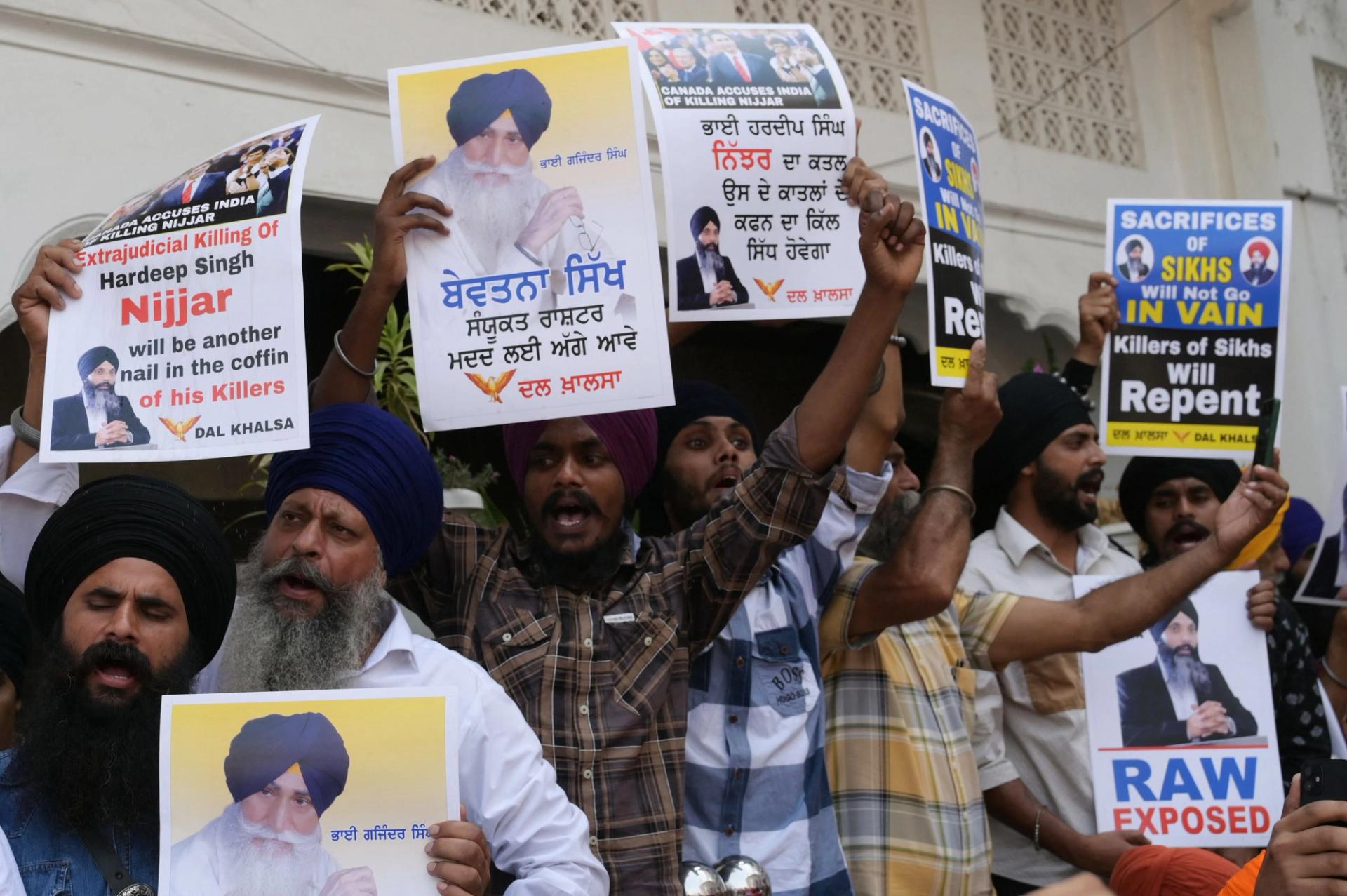 Activists of the Dal Khalsa Sikh organisation, a pro-Khalistan group, stage a demonstration demanding justice for Sikh separatist Hardeep Singh Nijjar, who was killed in June 2023 near Vancouver, in Amritsar, India, in September 2023.