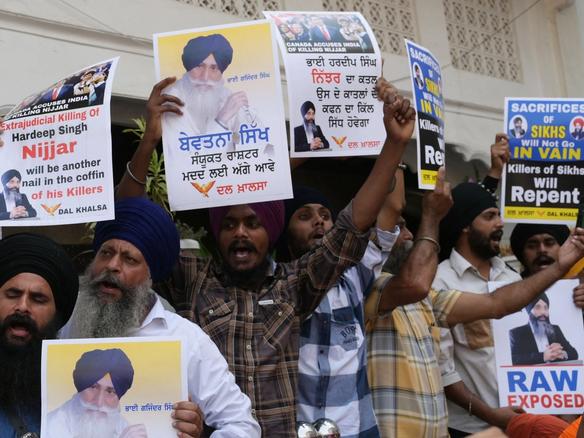 Activists of the Dal Khalsa Sikh organisation, a pro-Khalistan group, stage a demonstration demanding justice for Sikh separatist Hardeep Singh Nijjar, who was killed in June 2023 near Vancouver, in Amritsar, India, in September 2023.