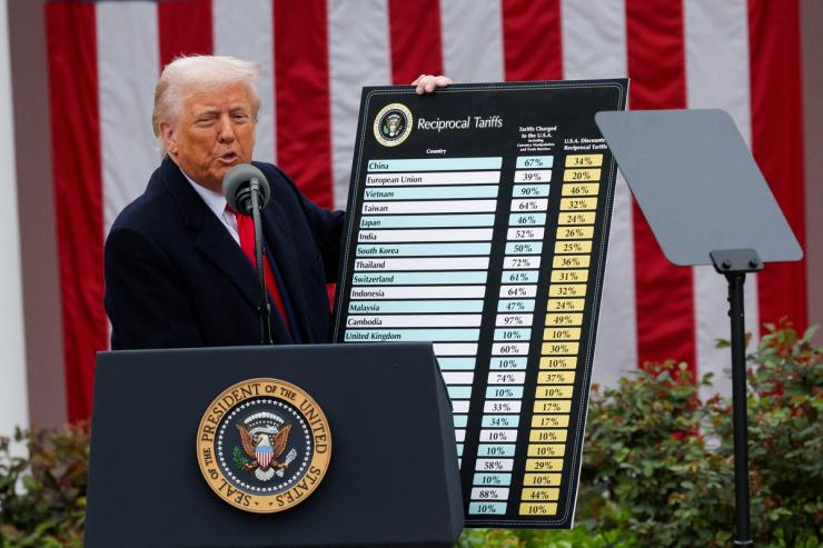 US President Donald Trump delivers remarks on tariffs at the White House rose garden.