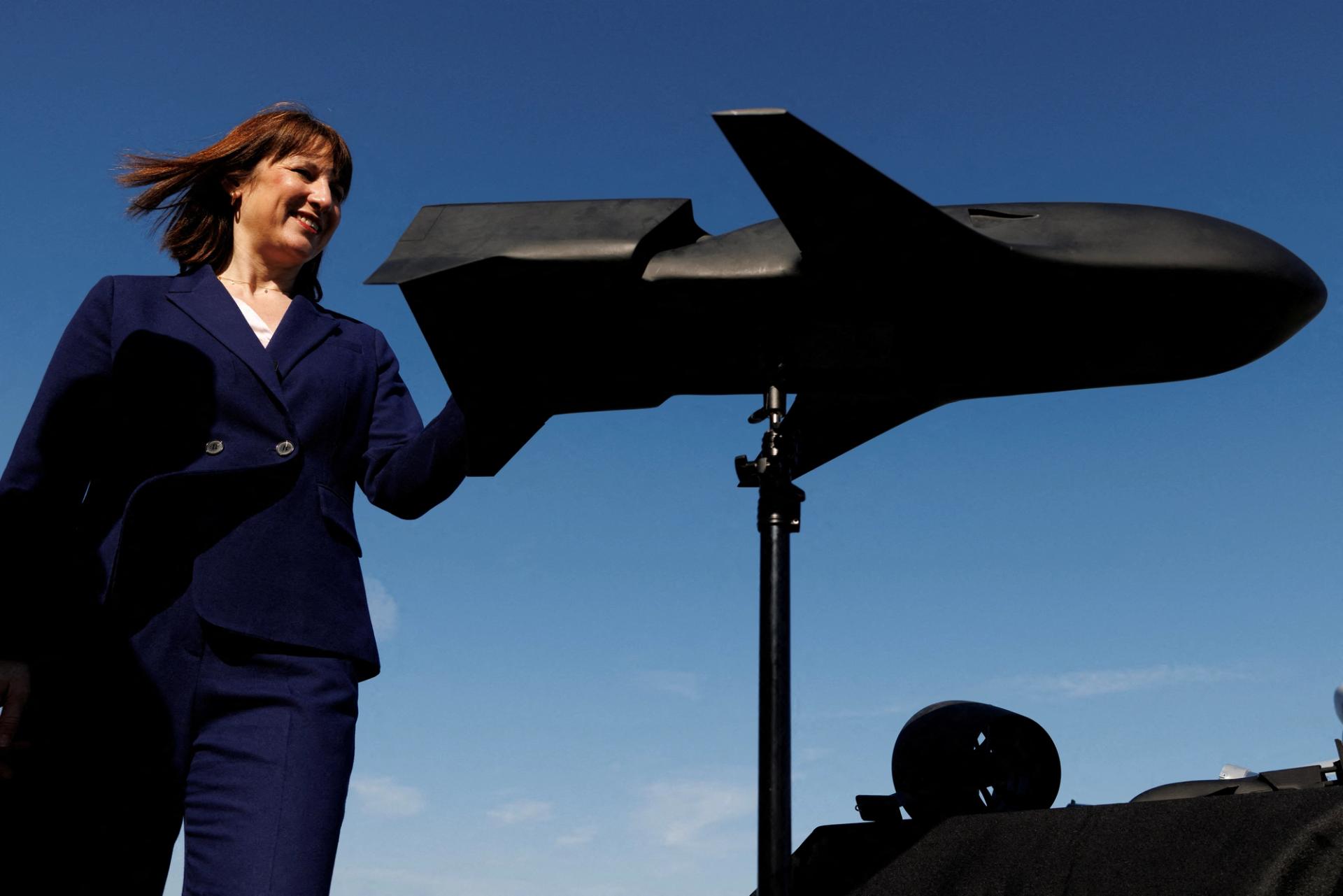 Britain’s Chancellor of the Exchequer Rachel Reeves meets with defense suppliers at RAF Northolt.