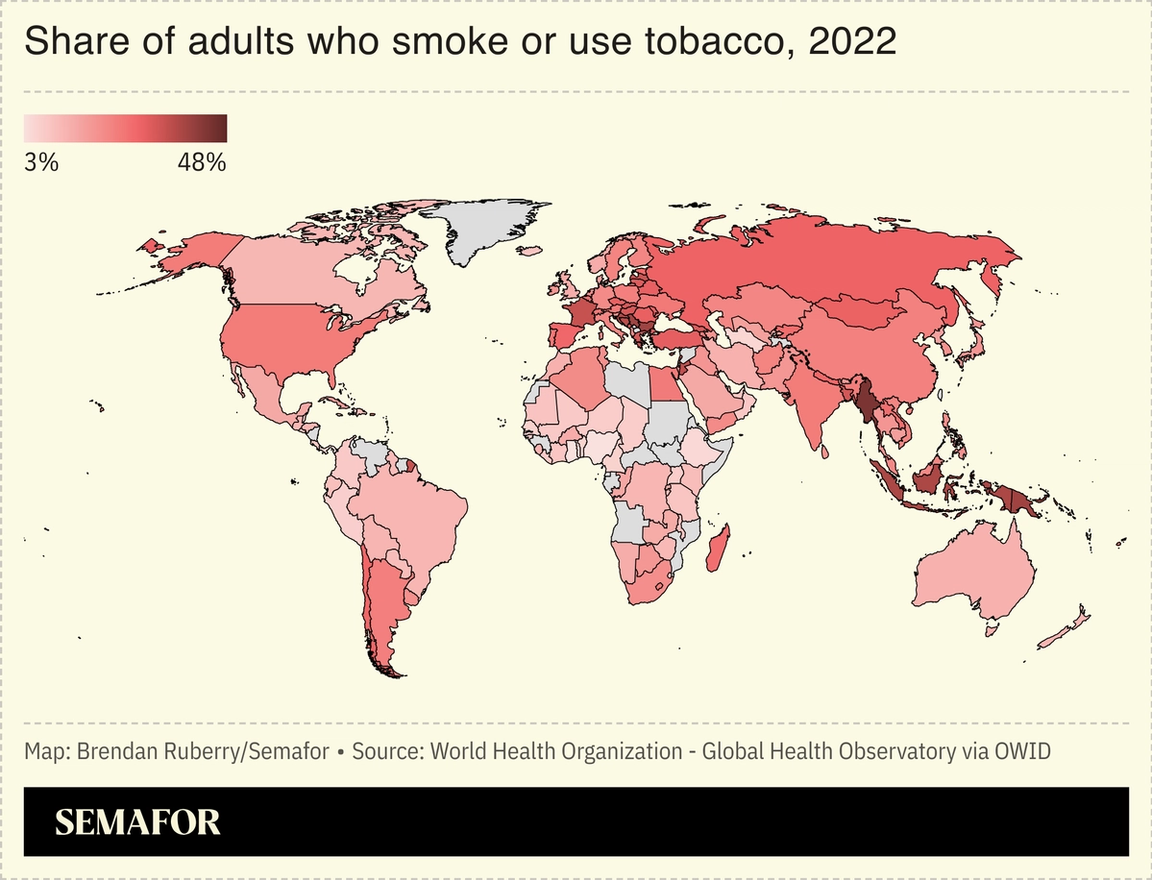 A map showing the share of adults globally who smoke or use tobacco in 2022.