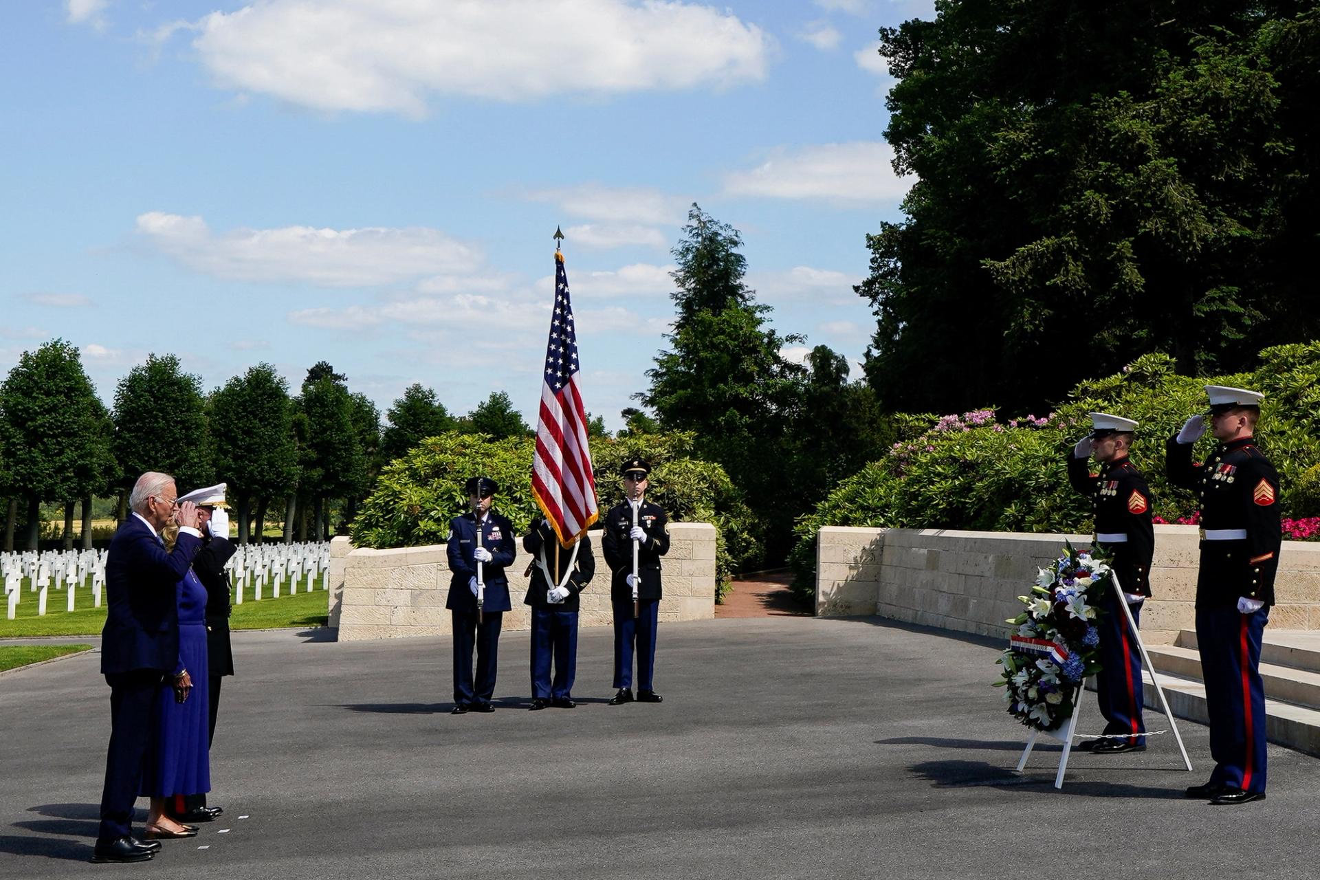 U.S. President Joe Biden and first lady Jill Biden attend a wreath laying ceremony at Aisne-Marne American Cemetery in Belleau, France.