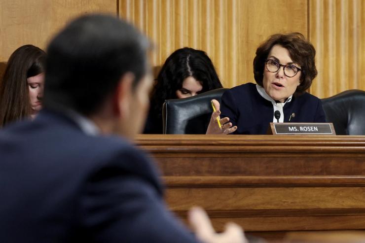 Sen. Jacky Rosen, D-Nev., questions Secretary of State Marco Rubio in 2025.