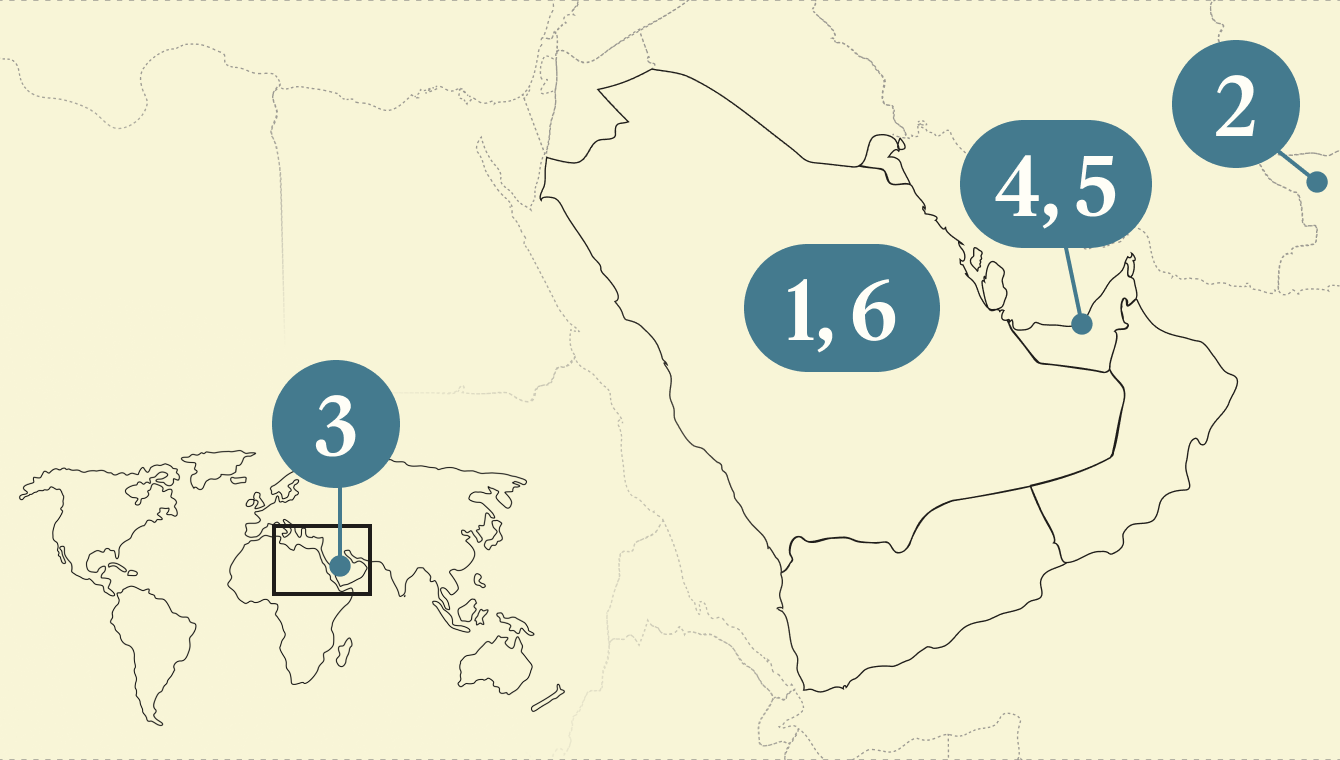 A numbered map of the Gulf region.