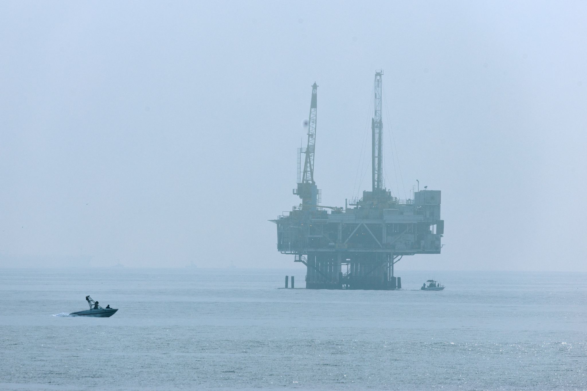 The offshore oil rig platform Esther in the fog off the coast of California from Seal Beach California, U.S. November 11, 2025.