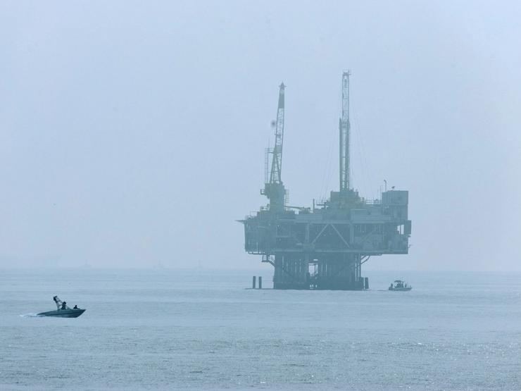 The offshore oil rig platform Esther in the fog off the coast of California from Seal Beach California, U.S. November 11, 2025.