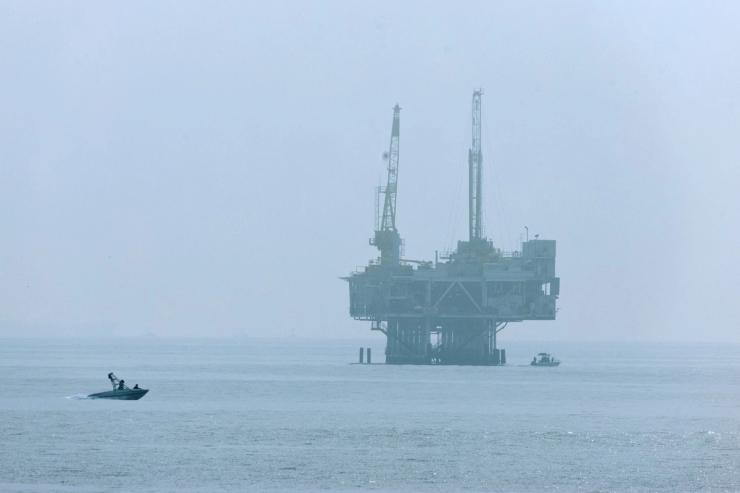 The offshore oil rig platform Esther in the fog off the coast of California from Seal Beach California, U.S. November 11, 2025.