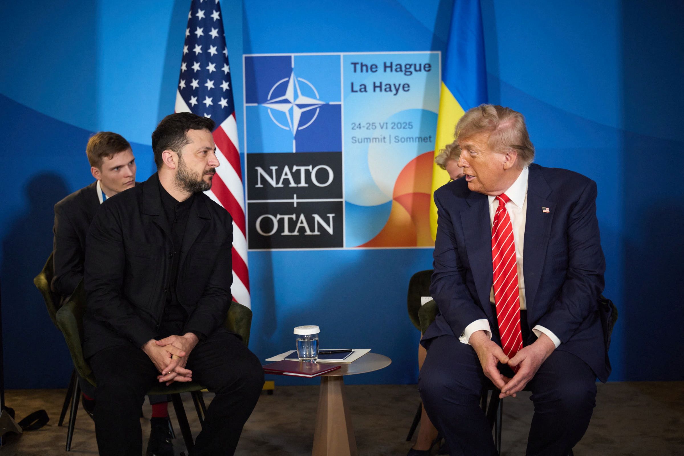 President Donald Trump and Ukraine’s President Volodymyr Zelenskiy attend a meeting on the sidelines of NATO summit in The Hague.