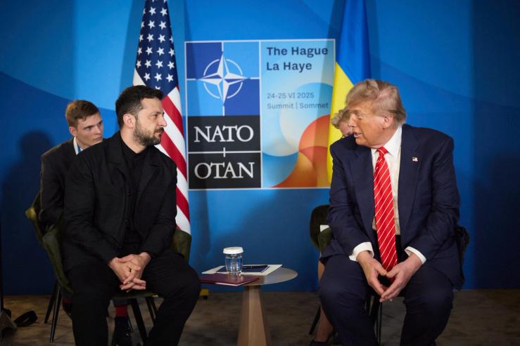President Donald Trump and Ukraine’s President Volodymyr Zelenskiy attend a meeting on the sidelines of NATO summit in The Hague.