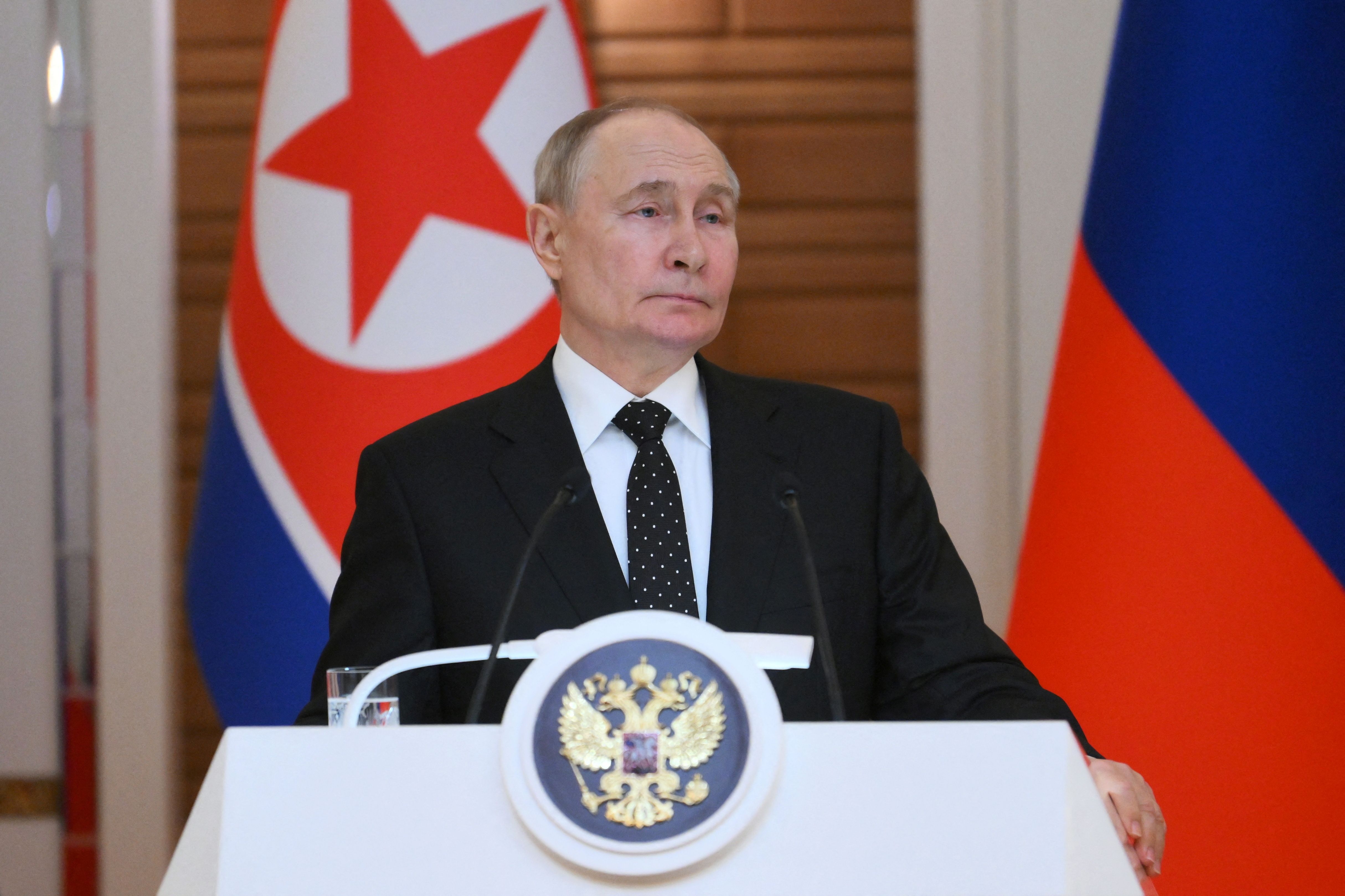 Russia’s President Vladimir Putin attends a press conference with North Korea’s leader Kim Jong Un following their talks in Pyongyang, North Korea June 19, 2024. Sputnik/Kristina Kormilitsyna/Kremlin via REUTERS