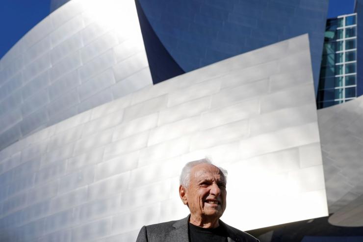 Frank Gehry in front of the Walt Disney Concert Hall he designed in Los Angeles.