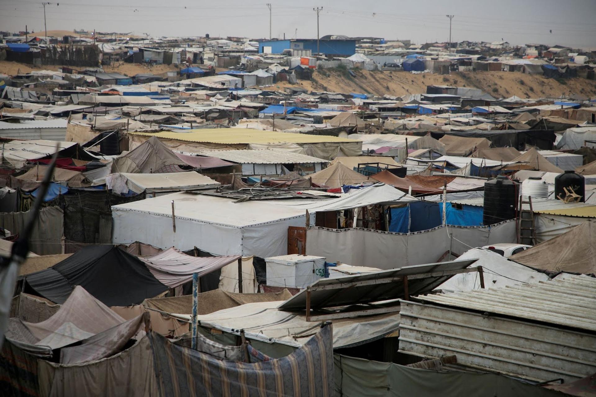 A tent camp sheltering displaced Palestinians in Khan Younis, Gaza