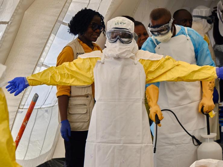 Congolese healthcare workers participate in an accelerated training session, at the newly built Samaritan’s Purse International Relief tents, at the Scott Powell Memorial Ebola Treatment Center.