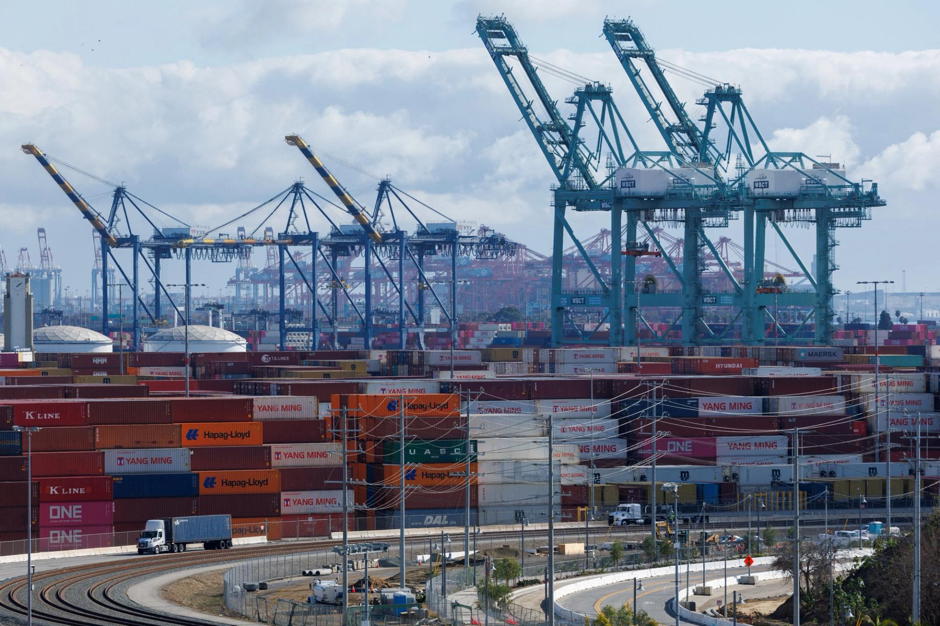 A drone view shows shipping containers from China, at the China Shipping (North America) Holding Company Ltd. in California, US.