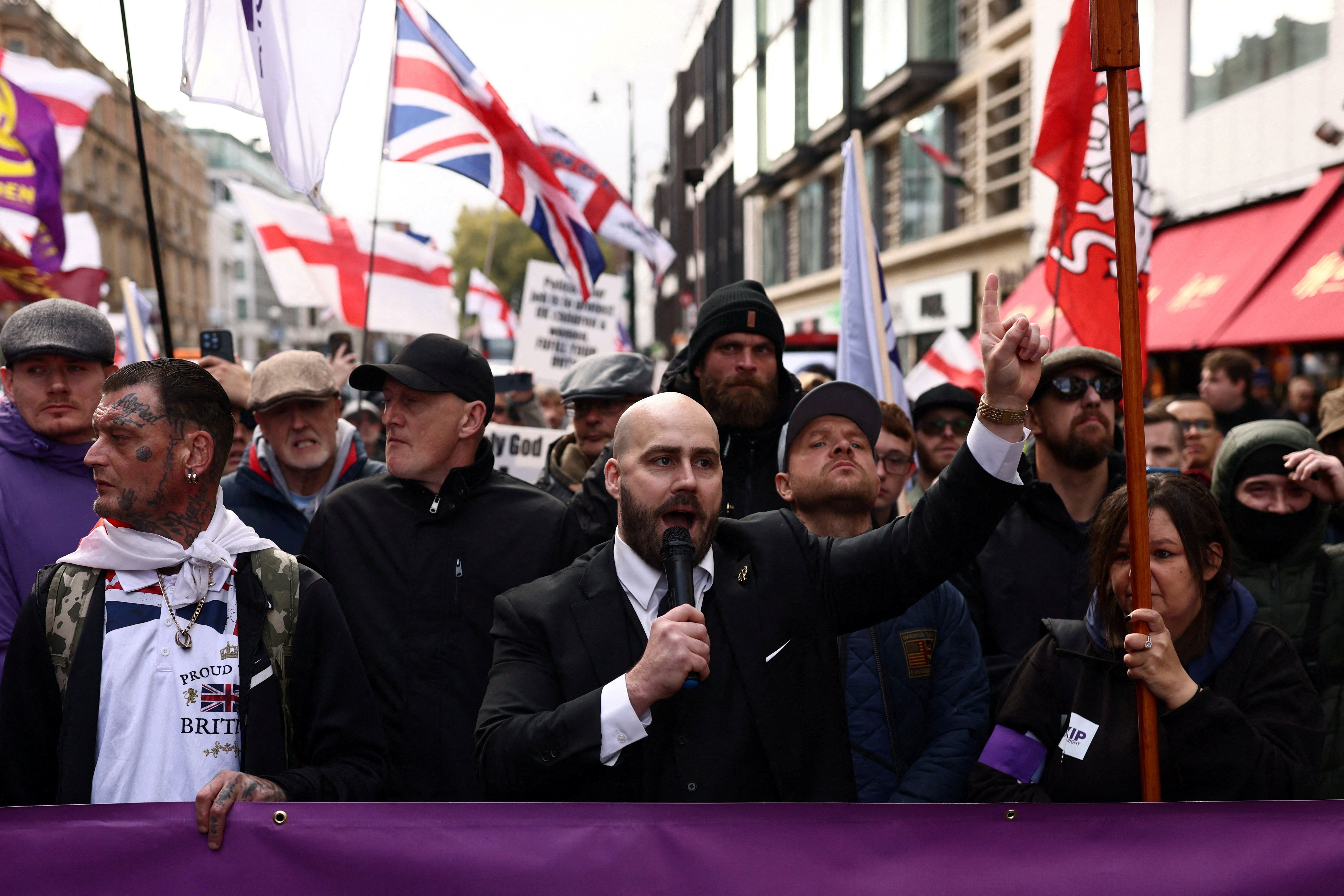 Leader of United Kingdom Independence Party (UKIP) Nick Tenconi speaks during an anti-immigration march.