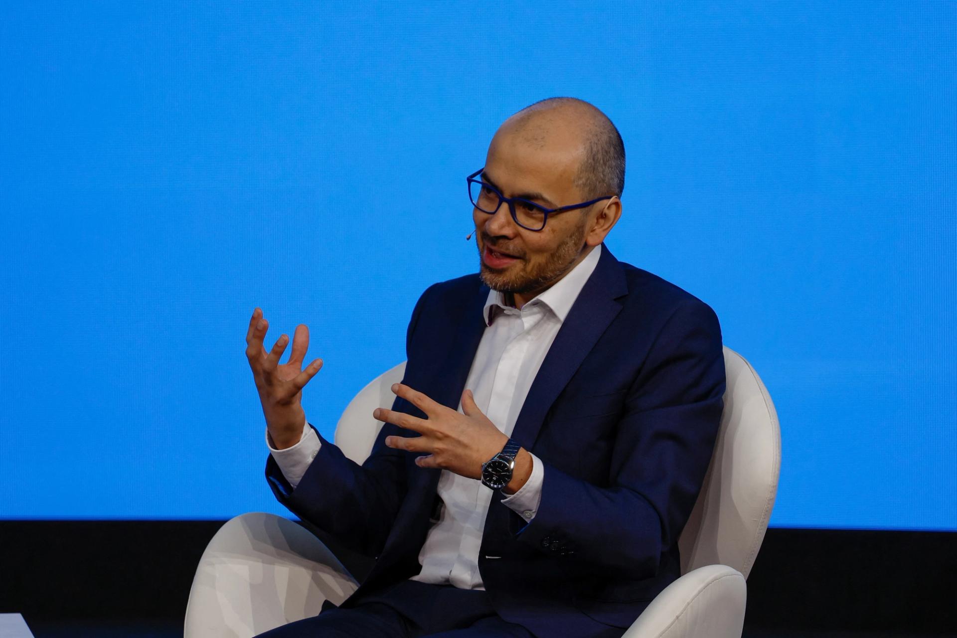 Demis Hassabis, Co-Founder and CEO of Google DeepMind, gestures as he speaks at the 2024 Mobile World Congress (MWC) in Barcelona in February 2024.