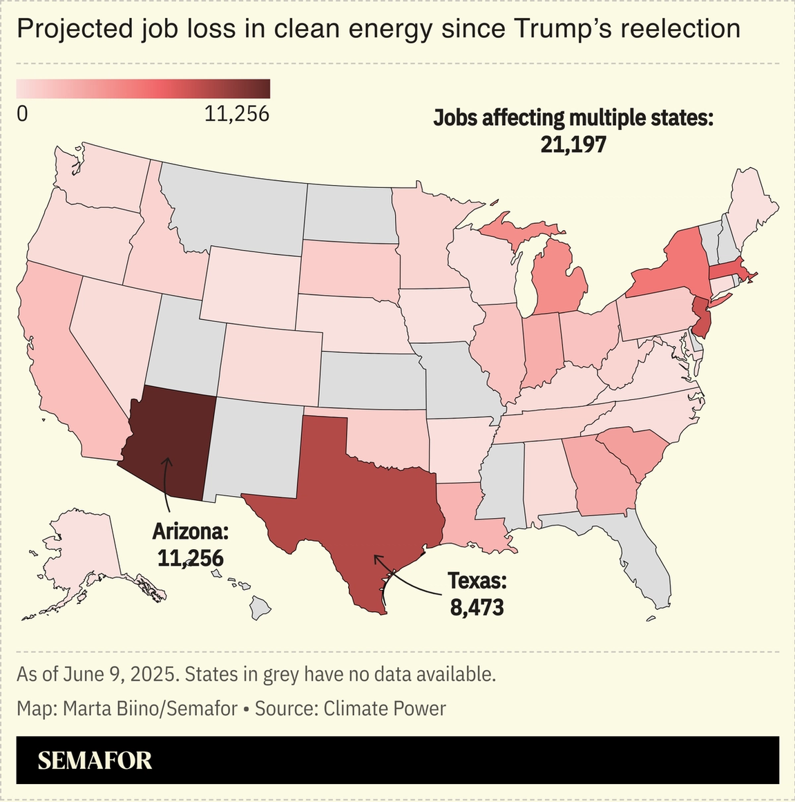 A map showing clean energy jobs lost or threatened since US President Donald Trump’s reelection.