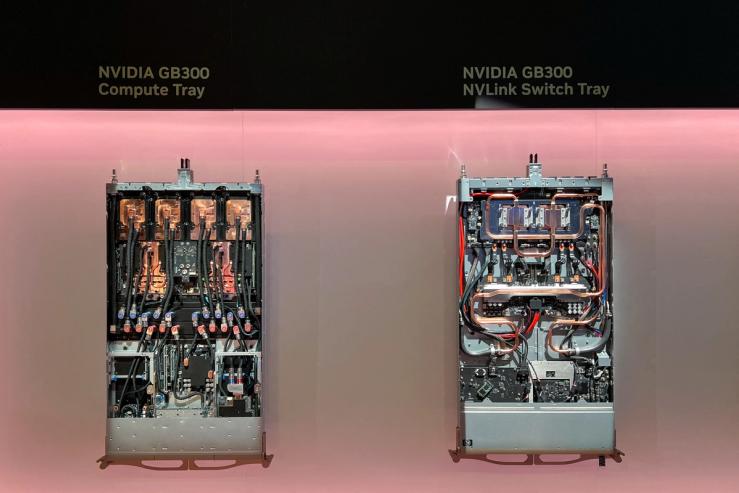 Data center servers and components containing the newest artificial intelligence chips from Nvidia.