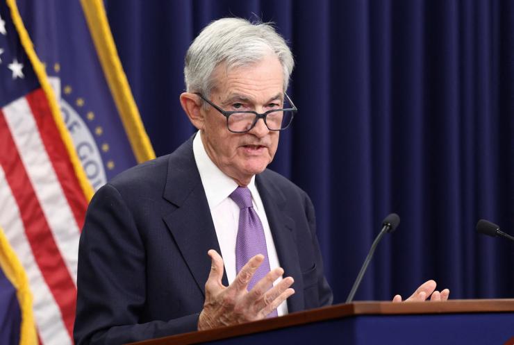 US Federal Reserve Chair Jerome Powell holds a press conference after the Fed cut interest rates by quarter of a percentage point