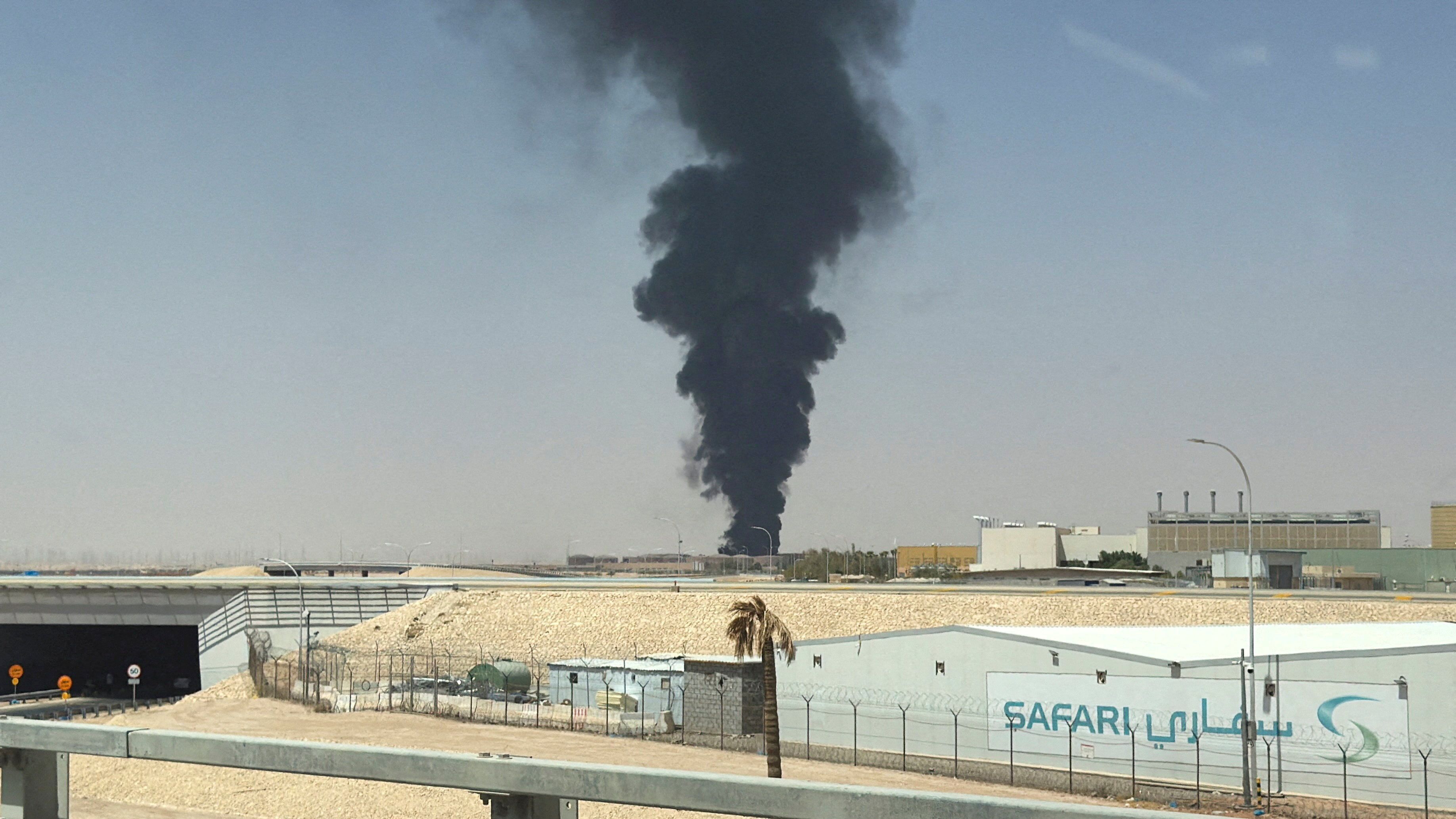Large plume of black smoke rises from the fuel storage area at King Khalid International Airport, in Riyadh, Saudi Arabia, Sept. 19, 2026.