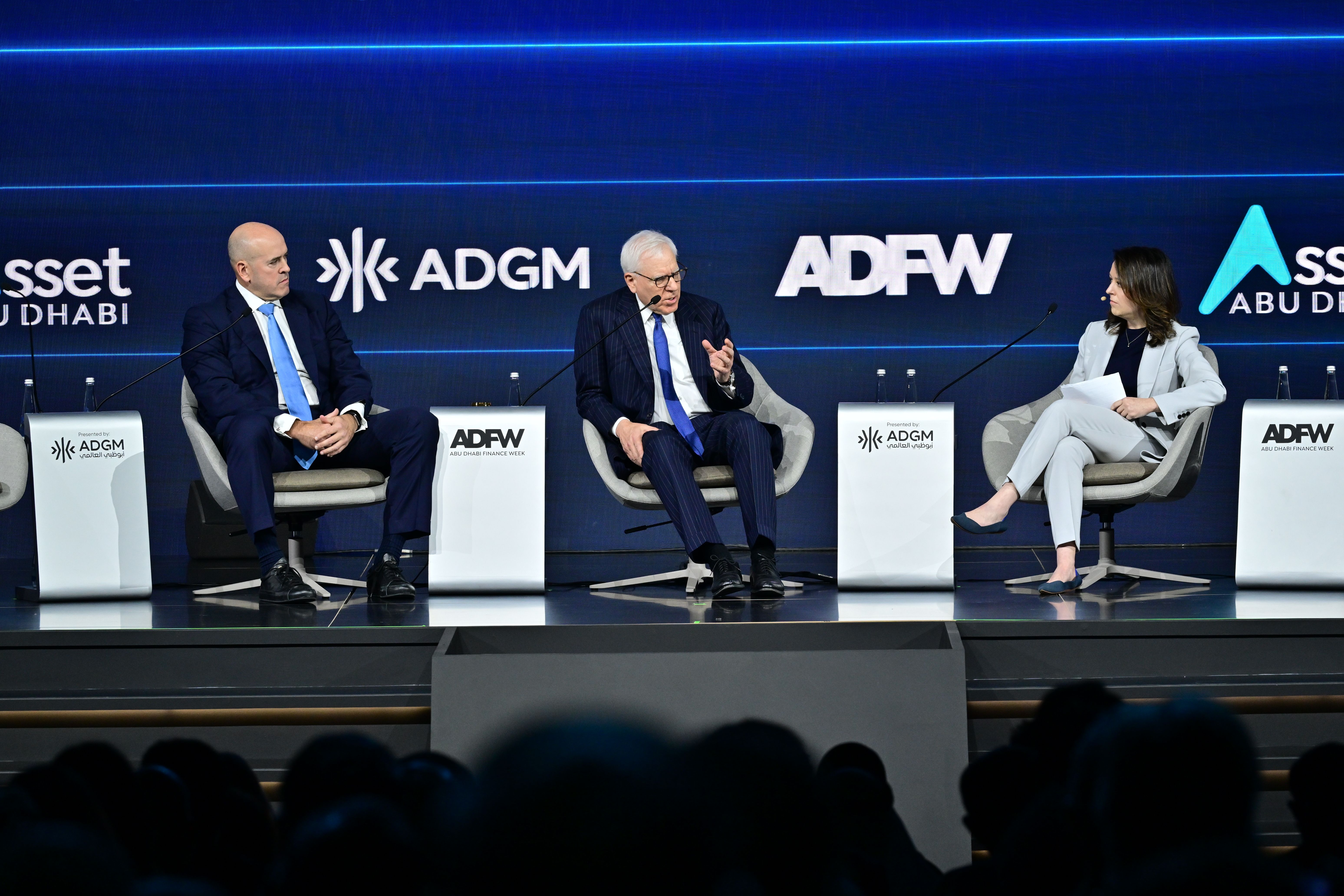 David Rubenstein, Liz Hoffman and Harvey Schwartz at Abu Dhabi Finance Week.