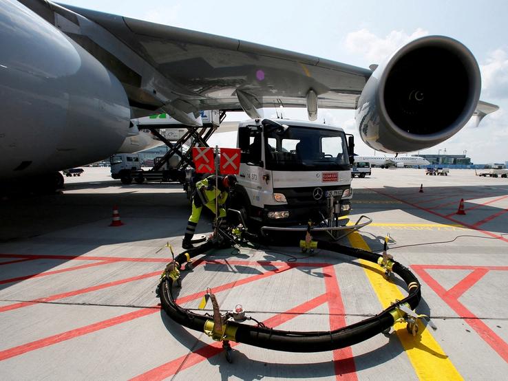 A Lufthansa Airbus 380 is refueled in Frankfurt airport.