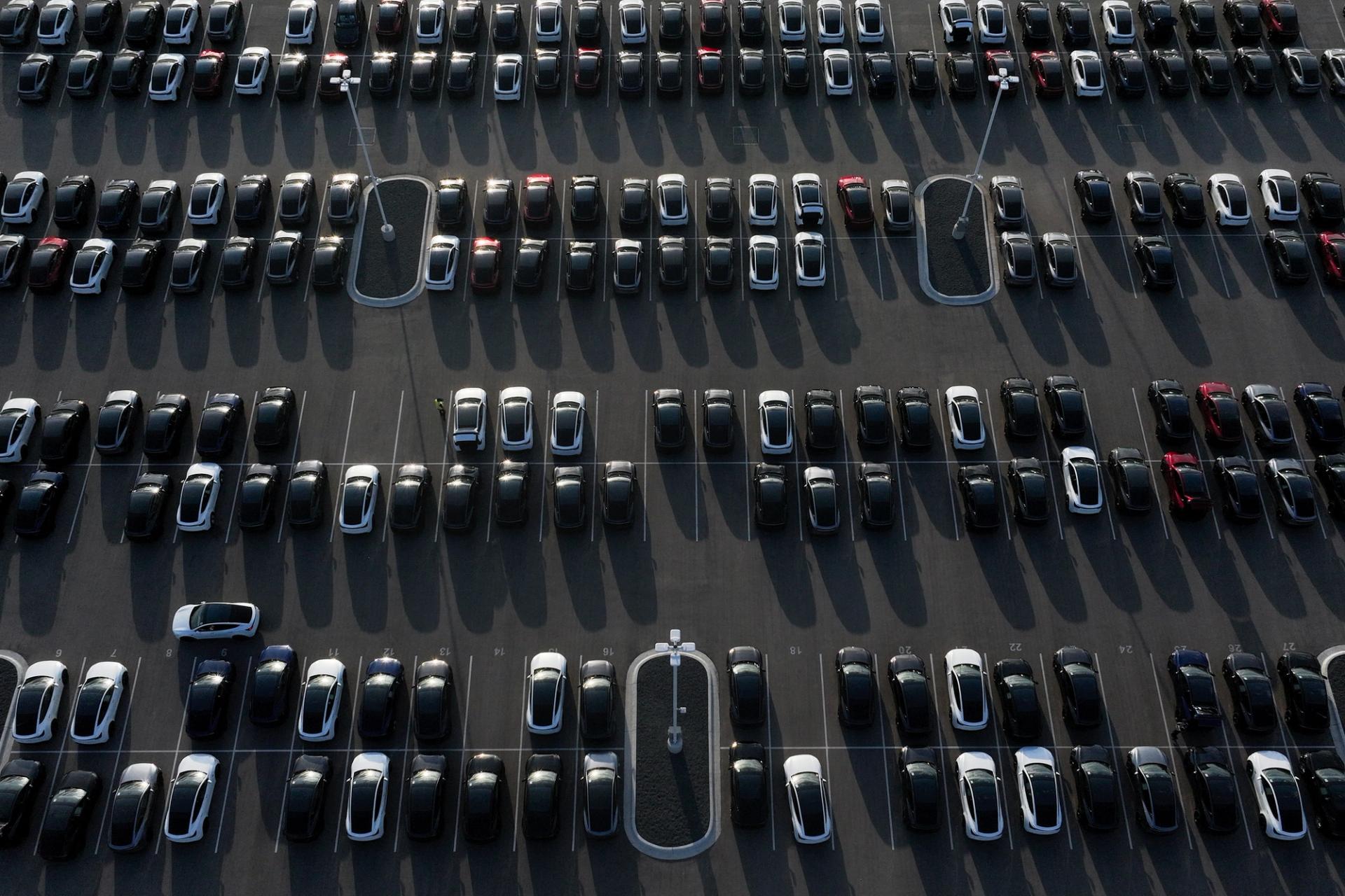 A drone view shows Tesla electric vehicles 